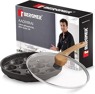 Bergner Aadhirai Cast Aluminium 12 Pits (24cm) Appam Patra with Glass Lid, Non-Stick Coated Appe Maker/Appe Pan, PFOA Free, Wooden Finish Soft Touch Handle, Healthy Cooking - Gas Stove Compatible
