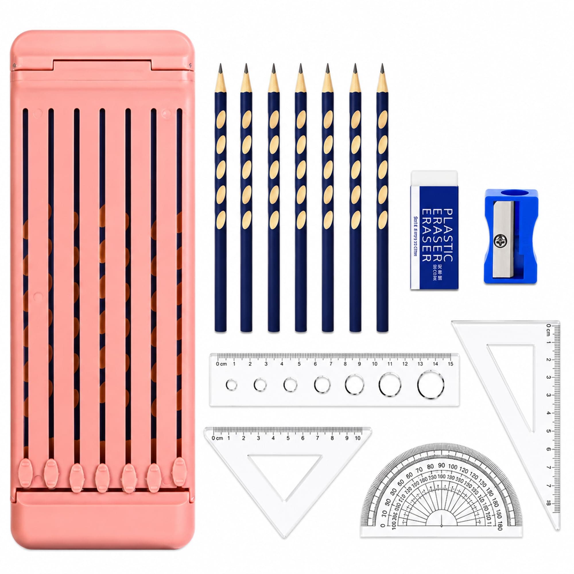 KLIFFOO Multifunctional Geometry Box for Students, Mathematical Drawing Compass Box with 7pcs Pencil, Ruler, Protractor, Set Square, Sharpener & Eraser, Geometry Kit for School, Office & Architecture