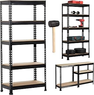 STAR WORK Black Adjustable Set of 5-Shelf Metal Storage Shelving Unit, Steel Bootless Rivet Utility Display Rack Garage Shelves, 63 Inches Height(63 X 24 X 12 Inch-H X W X D,Black)