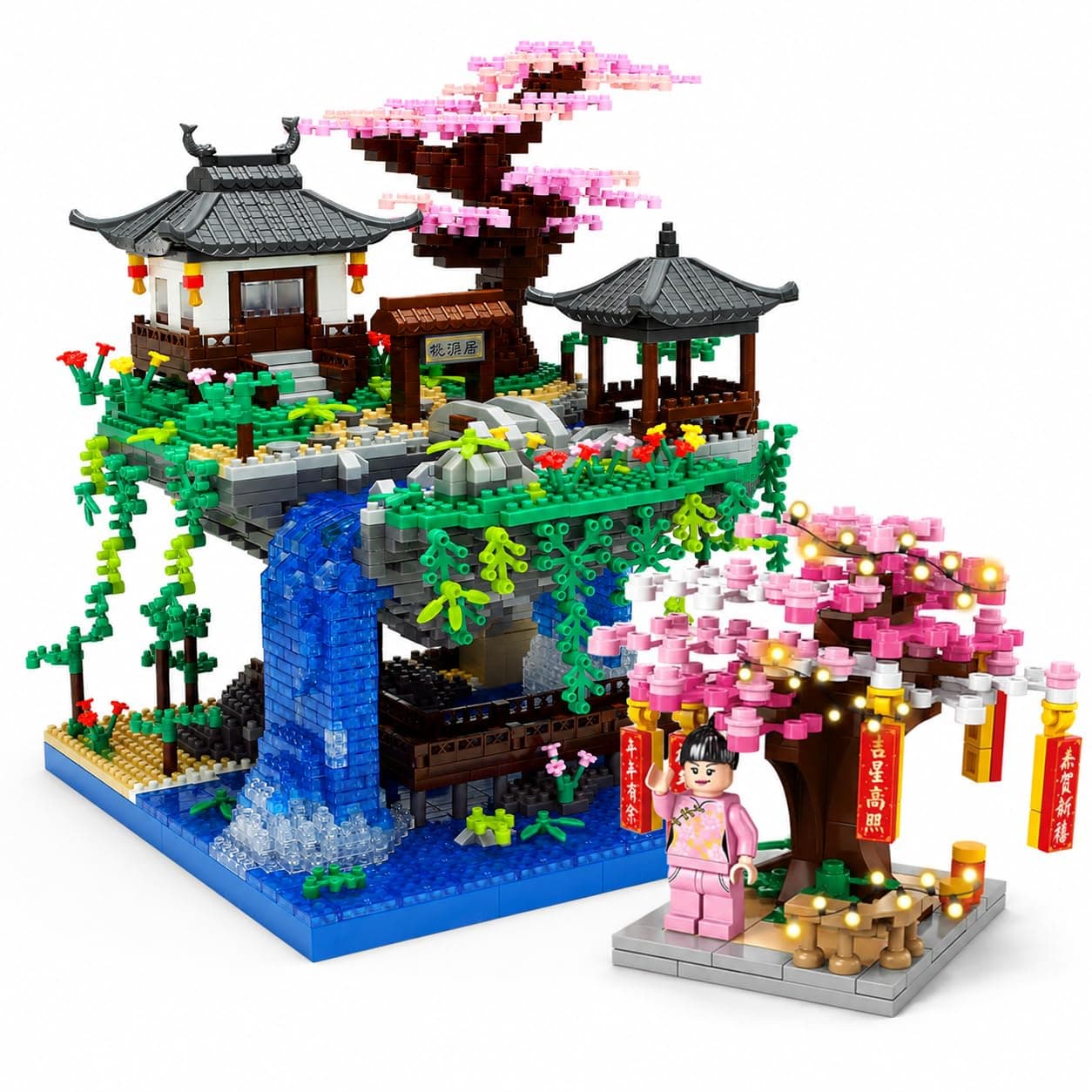 SKY LINE OCEAN Sakura Collection Building Blocks Combo Bundle [2705 + 164 Pcs] | Cherry Blossom Tree & Bonsai Garden Set with LED Lights | Japanese Architecture Décor Kit 5 Year Structural Warranty