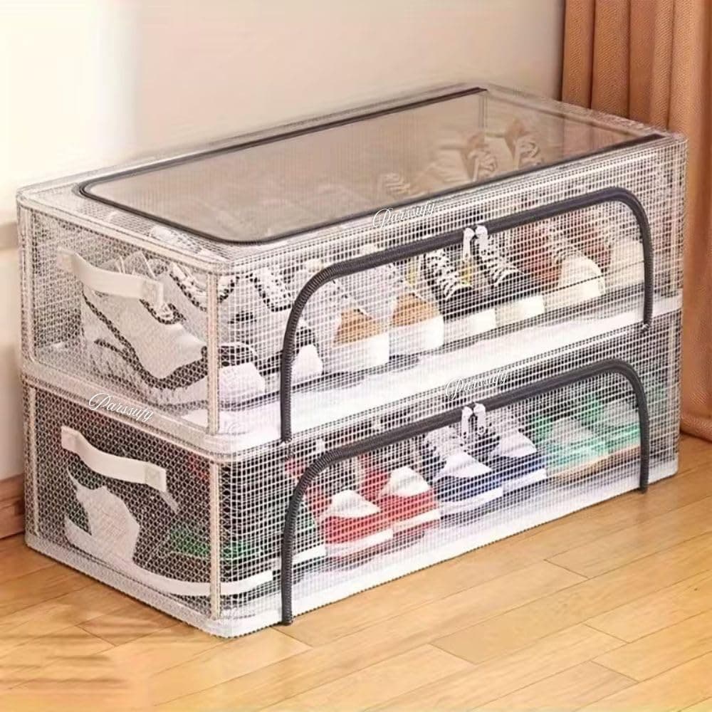 Parssufy® Large Capacity Shoe Storage Boxes with Double Steel Frame, Clear Plastic Stackable Shoe Organizer for Closet, Foldable Space-Saving Sneaker Shoe Rack Containers (PACK OF 1)