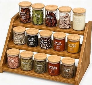 Yookeer Rustic Wood Spice Rack Shelf, kitchen organizer rack, kitchen rack stand, Kitchen Counter Organiser, 30 x 15 x 15 cm, TEEK