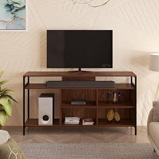 BLUEWUD Duskin Engineering Wood Floor Standing TV Entertainment Unit Set Top Box Stand/TV Cabinet Panel with Shelves for Books & Décor Display Unit Bed Living Room Upto 55 inches (Brown Maple)