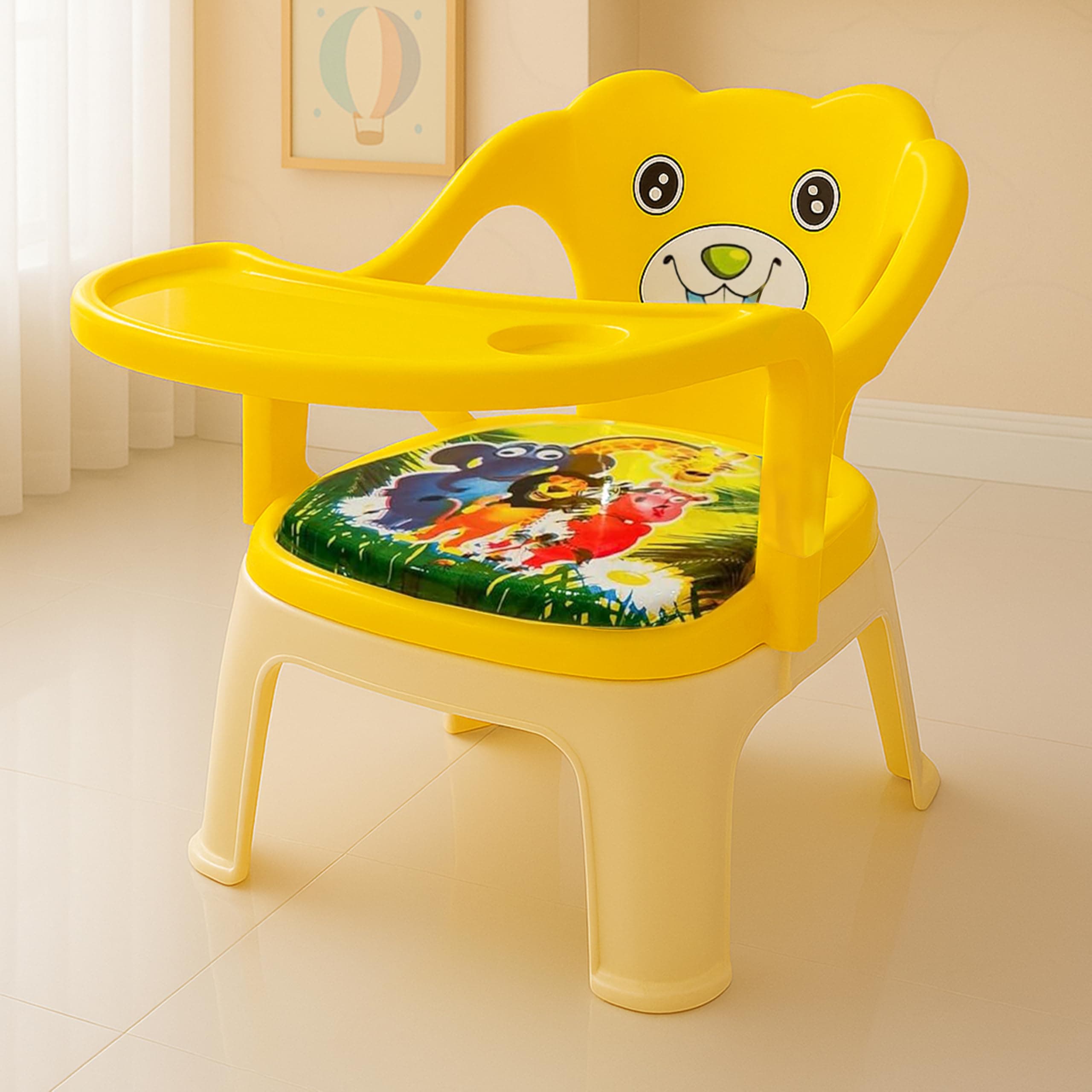 Kidsmate Baby Chair for Feeding & Activity – Soft Cushion, Cute Cartoon Backrest, Removable Food Tray & Armrest | Lightweight & Durable Plastic Chair Ideal for for 1-3 Yrs Up to 30kg (Yellow)