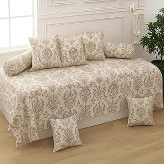 Premium Cotton Diwan Set 8 Pieces, 1 Single Bedsheet Size 60x90 Inch, 5 Cushion Covers 16x16 Inch with Zip and 2 Bolster Covers