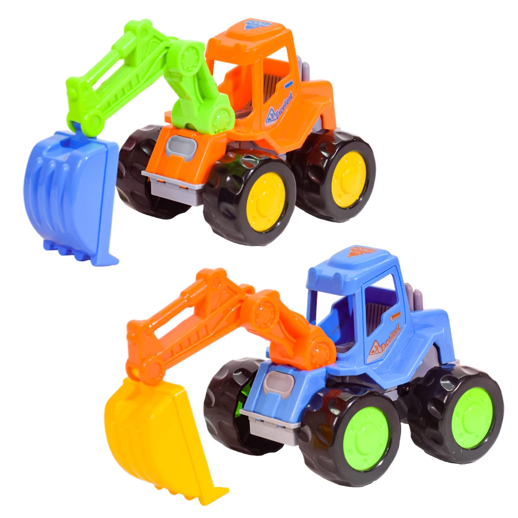 WISHKEY Plastic Push and Go Construction Truck Set, 2 Friction Powered Trucks Resemble Excavator, Moveable Parts, Non-Toxic ABS Plastic, Multicolor, 3+ Years (Set of 2)