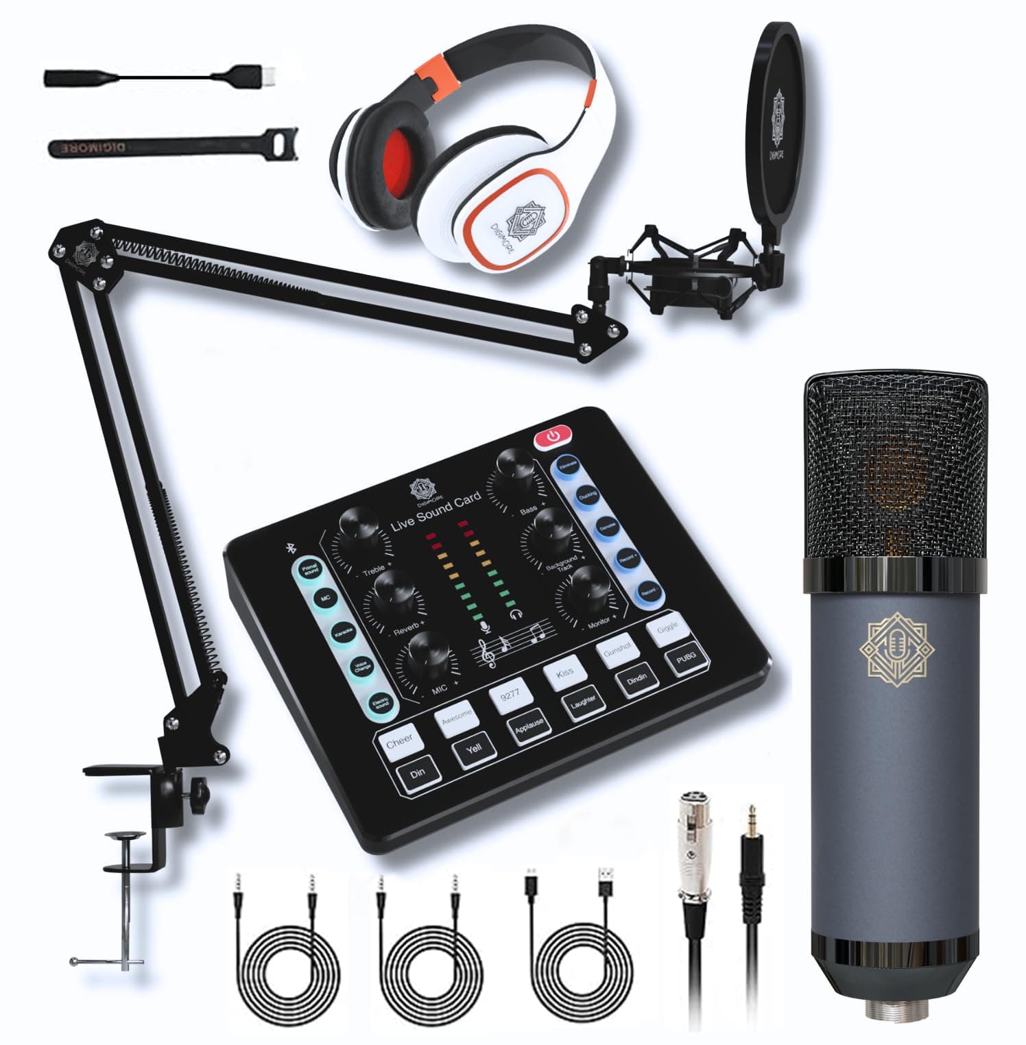 DIGIMORE Condenser Microphone Kit w/Studio Monitoring Headphones | 16-Bit/48kHz Bit Processor, Live Sound Card, Boom Arm, Shock Mount & Pop Filter | High-Fidelity Vocal Recording Setup (D-440)
