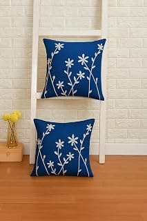Decorative Embroidery | Premium Tufted Cushion Cover in 16x16 inches for Couch, Chair, Sofa, Bedroom, Living Room (1, Royal Blue/White Leaf)