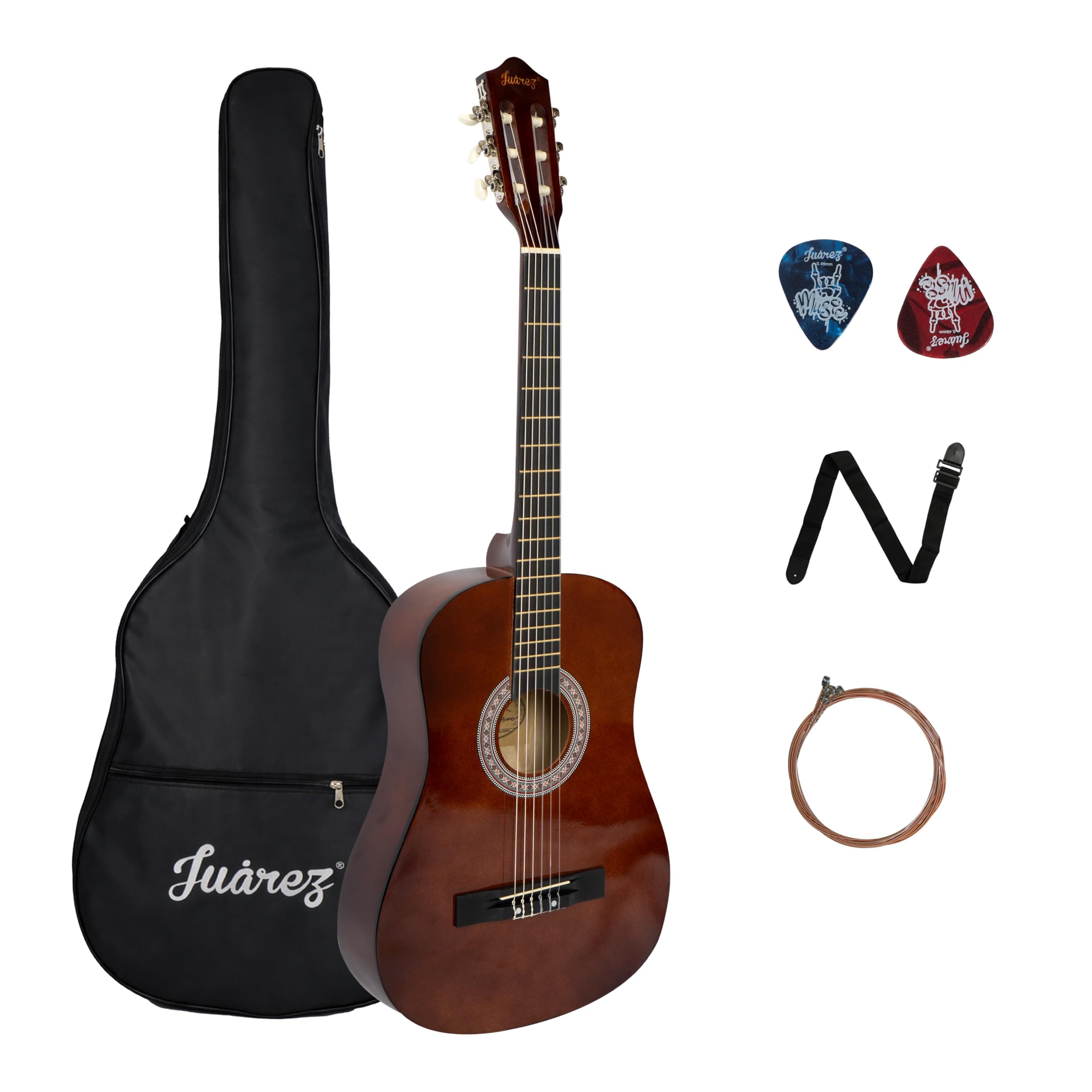 Juarez 38 Inch Classical Guitar with Nylon Strings for Beginners, Finger-Friendly Full Size Guitar Kit with Bag, Picks, Strap & Extra Steel Strings for Upgrade, Brown