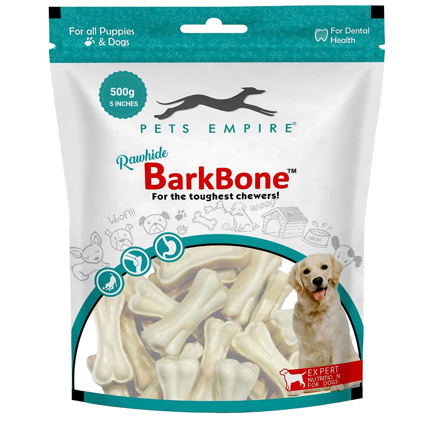 PETS EMPIRE Rawhide Pressed Chew Dog Bone Pack 5 Inches, Chewy Dogs Training and Feeding Treats, Crunchy Chew Calcium Bones, Pet Haddi Treat for Dogs, Pups, Puppies - 500g