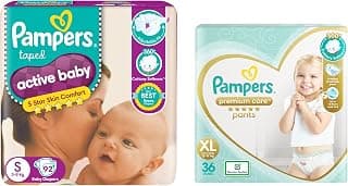 Pampers Active Baby Taped Diapers, Small size diapers, (SM) 92 count, taped style custom fit & Pampers Premium Care Pants, Extra Large size baby diapers (XL), 36 Count, Softest ever Pampers pants