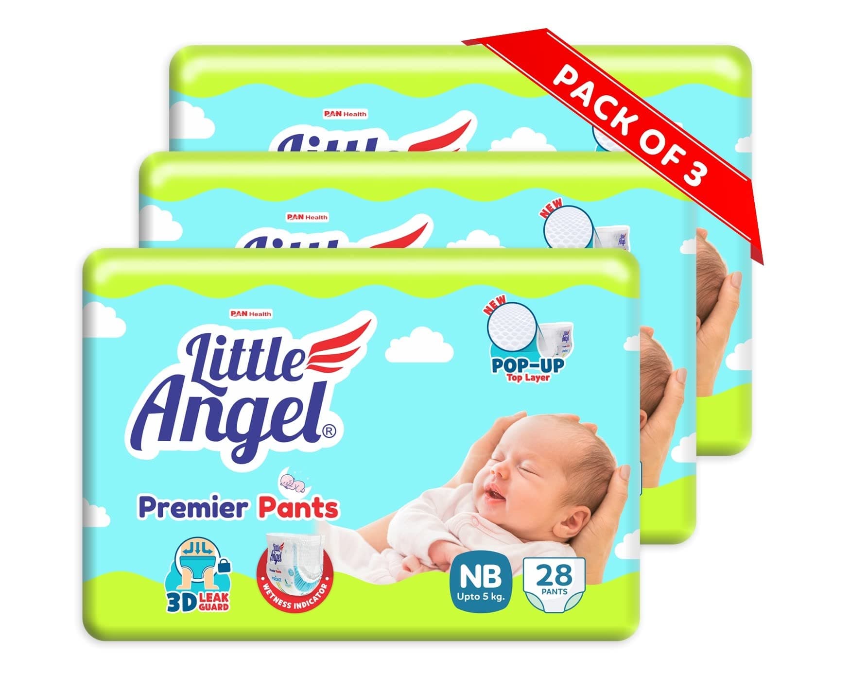 Little Angel Premier Pants Baby Diaper, New Born (NB/XS) Size, 84 Count, Cottony Soft Material, Wetness Indicator, Breathable Layer, Stretchable Sides, up to 5 kgs (28 count/pack, Pack of 3)