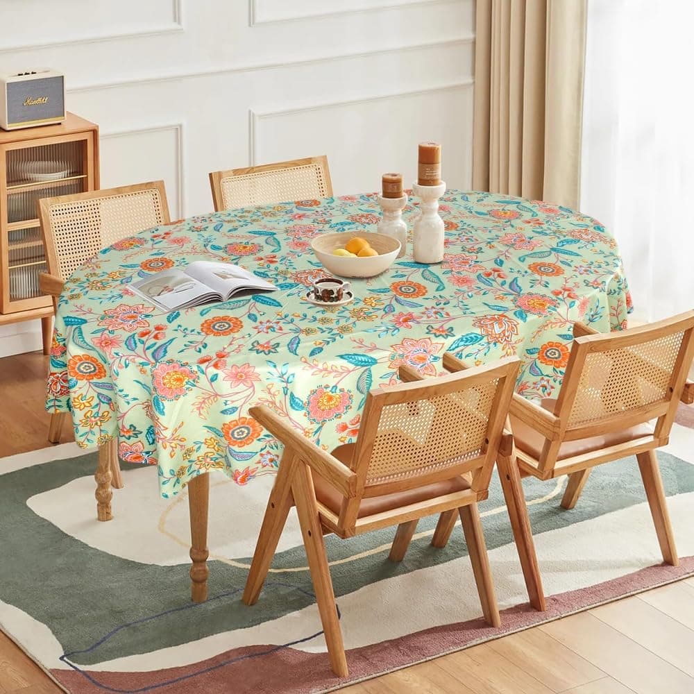 Stylista Cotton Oval Center Table Cover (WxL 60x120) in Inches - Floral Multicolor on Green Base