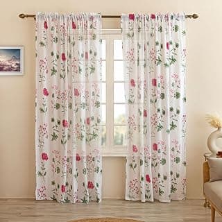 HOMEMONDE sheer Faux Linen Curtains with Rod Pocket Top Drapes for Living Room, Set of 2 (Pink Floral, Door - 7 Feet)