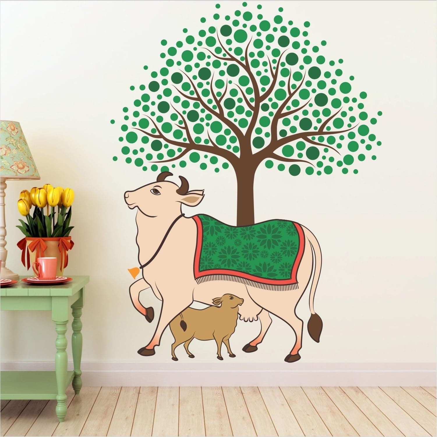 INKFENCE 80 cm Kamdhenu - Holy Cow - Tree - Creative - Colorful - Wall Sticker Self Adhesive Sticker (Pack of 1)-Vinyl