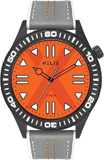 Helix by Timex Analog Watch for Man with Orange Round Dial & Grey Leather Strap Band Water Resistant Men's Wrist Watches - TW052HG06