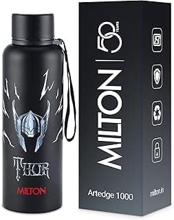 MILTON Artedge 1000 Thermosteel ISI Certified Water Bottle, 1000 ml Stainless Steel, 24 Hr Hot and Cold I Leak Proof, Vacuum Insulation, for Office, School, Gym, Black Thor