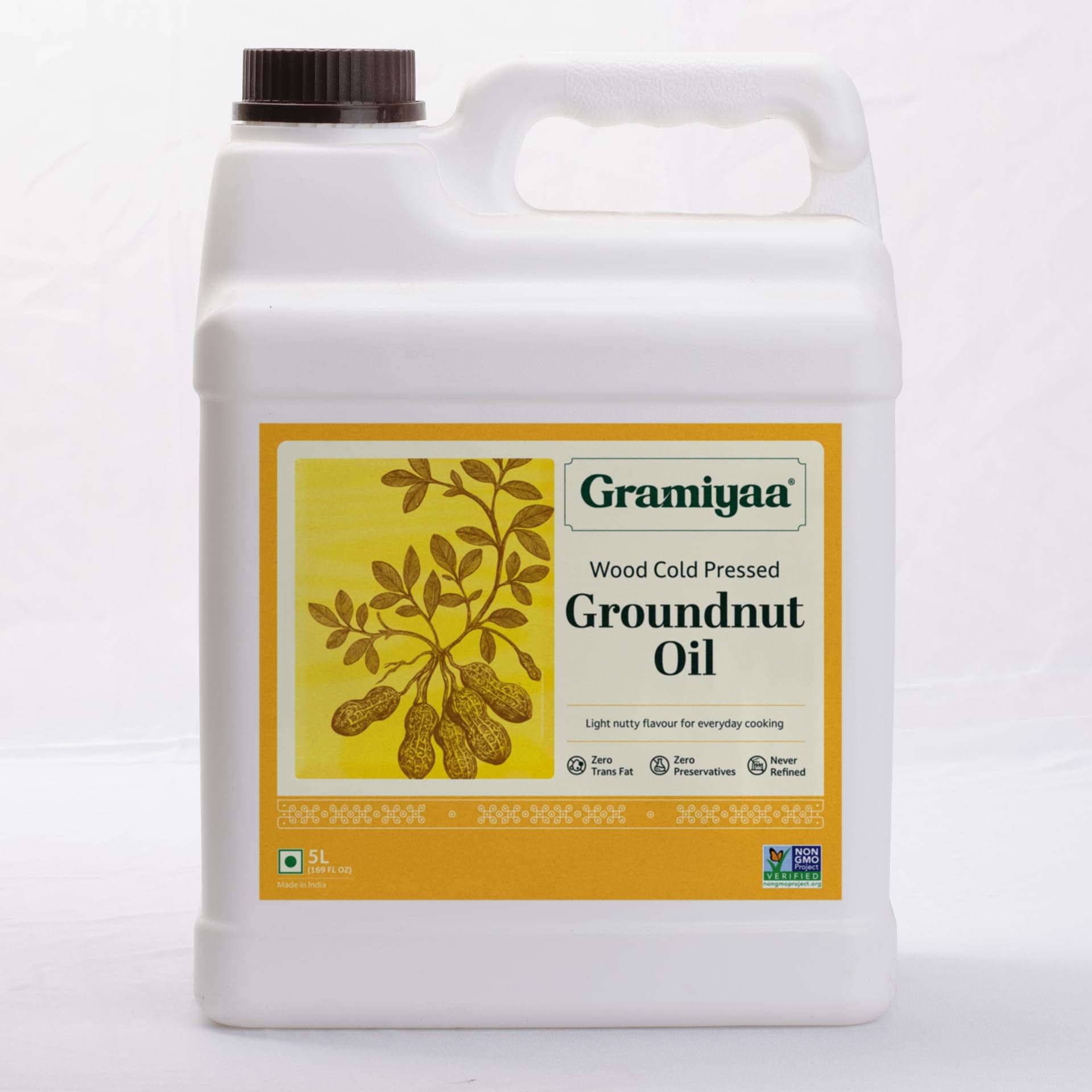 Gramiyaa Cold Pressed Groundnut Oil 5 Litre | Traditionally Extracted | Chemical-free, Zero Trans-fat Cooking Oil | Unrefined Oil | Kachi Ghani Peanut oil for Cooking