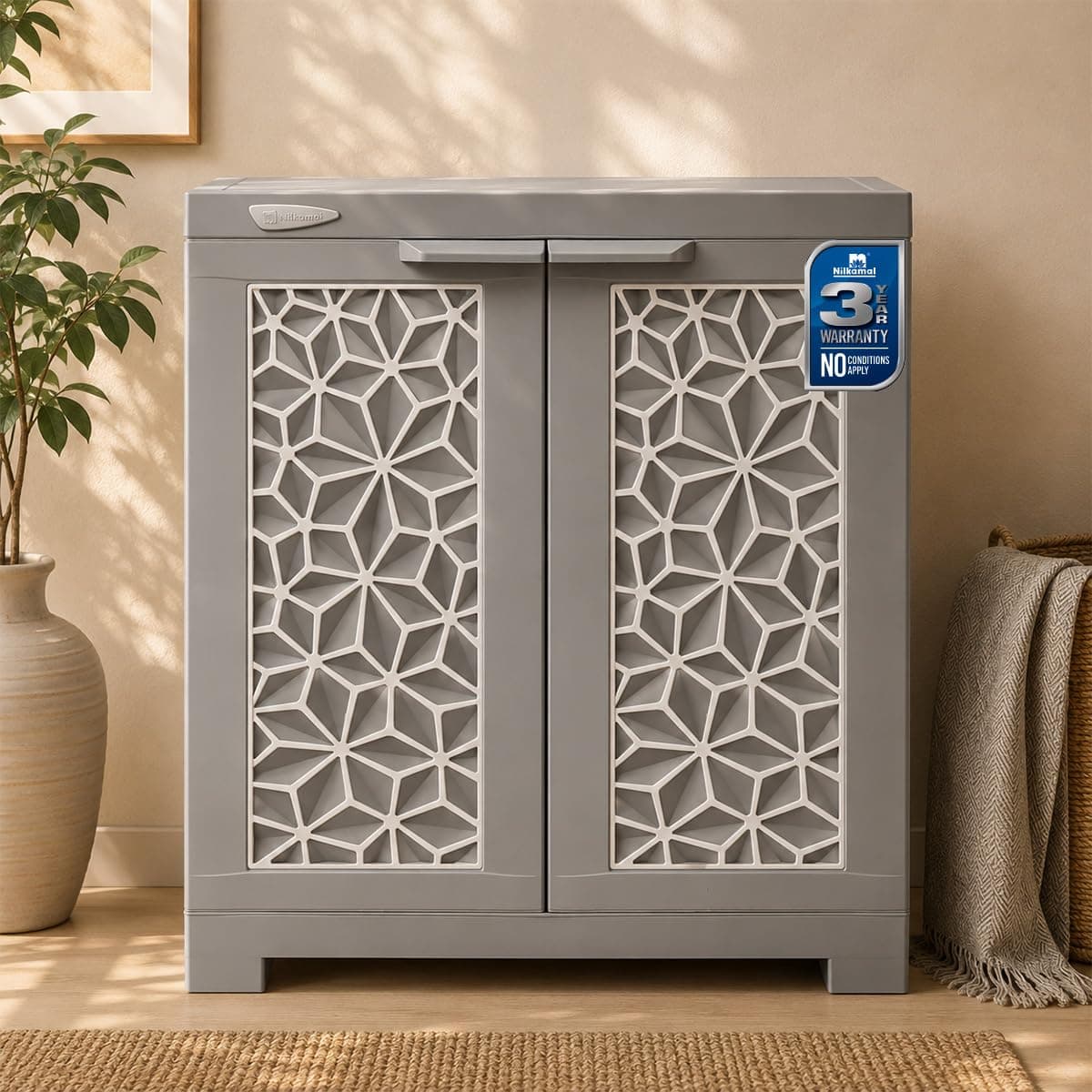 Nilkamal Freedom Star Small (FFMSSTAR) Compact Plastic Kids Mini Storage Cabinet|3-Year Warranty|2 Doors Cupboard|Multipurpose Storage Suitable for Kids Room and Home| Haze Grey & Milky White