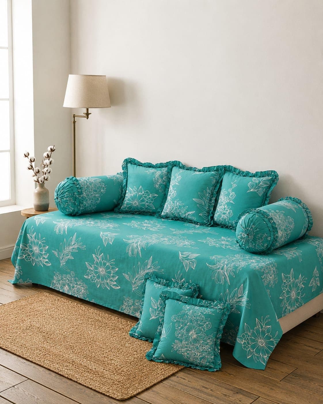 Sands® 180 TC Glace Cotton Floral Designer Frill Diwan Set of 8 Pieces for Living Room Dining Hall (1Single Bedsheet, 5 Frill Cushion Covers, 2 Frill Bolster - Set of 8) (Teal Green)
