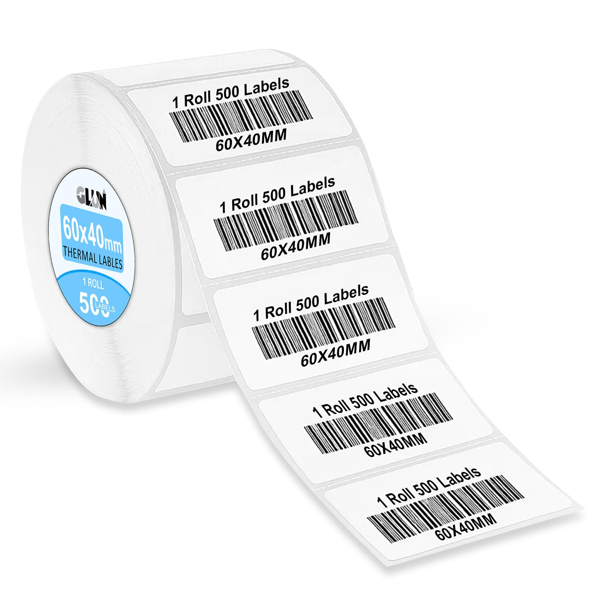 GLUN® 60x40mm Direct Thermal Barcode Label Roll | 500 White Self-Adhesive Labels | 2.5 x 1.5 Inch Thermal Sticker for Barcode Printing, Shipping Labels, Product Tagging & Inventory Management