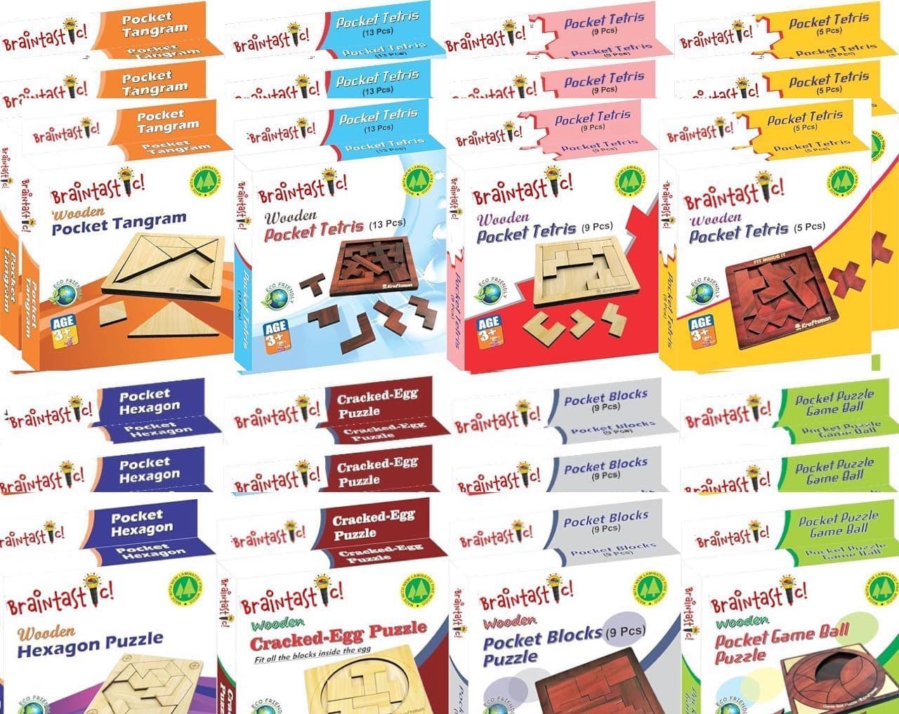Braintastic All Ages Wooden Puzzle,Travel Board Game Learning & Creative Educational Intelligence Brain Games,Pack of 24(3x8 DIY)for Birthday Return Gifts Party Pack with Travel Pouch