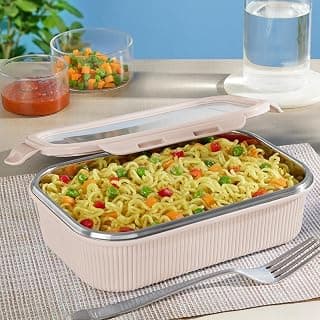 Larah by BOROSIL Freshbyte 800 ml Rectangle Food Storage Container with Airtight Stainless Steel Lid | Fridge Container for Lunchbox | Food Grade Steel | Microwave Safe | Beige