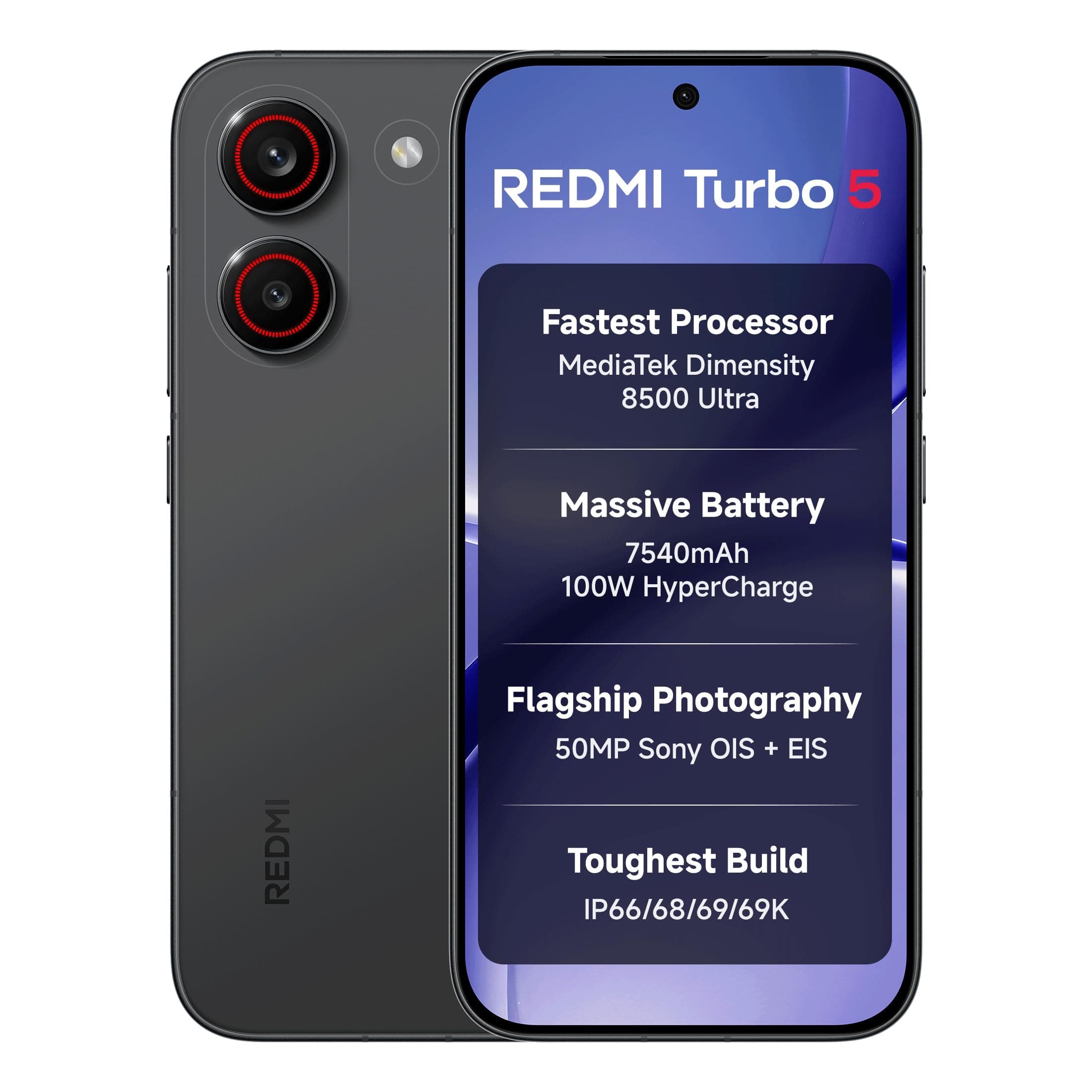 REDMI Turbo 5 (8GB + 256GB) Asphalt Black | Dimensity 8500 Ultra | Mega 7540mAh Battery | 100W HyperCharge | Compact 16.75cm(6.59) 120Hz AMOLED Screen | 50MP Sony OIS Camera | Upto 60% Assured Buyback