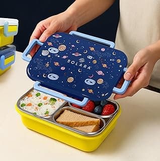 SOLARA Premium Stainless Steel Lunch Box for Kids, with 3 Compartments, Leak Proof, Steel Tiffin Box for School Boys/Girls, BPA-Free & Food Safe, Ideal for Meals & Snacks, Galaxy