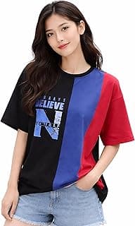 London Hills Women's Drop Shoulder T-Shirt | Graphic Print Colorblock Half Sleeve Cotton T-Shirt | Casual Round Neck Top Soft Breathable Fabric | Regular Fit Stylish Tshirt