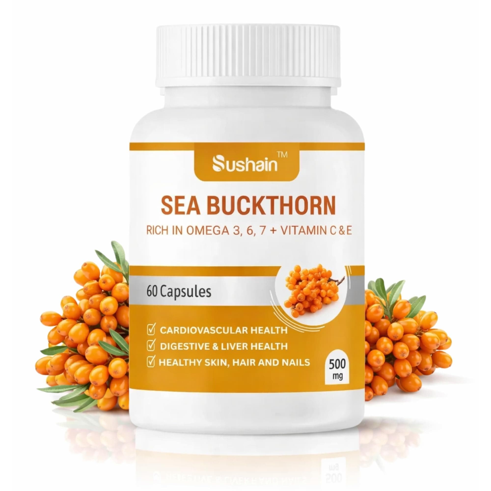 Sushain Sea Buckthorn Capsules | Omega 3, Omega 6, Omega 7, Omega 9 + Natural Vitamin C | Liver, Heart & Skin Health | Immunity & Antioxidant Support | Ayurvedic Supplement