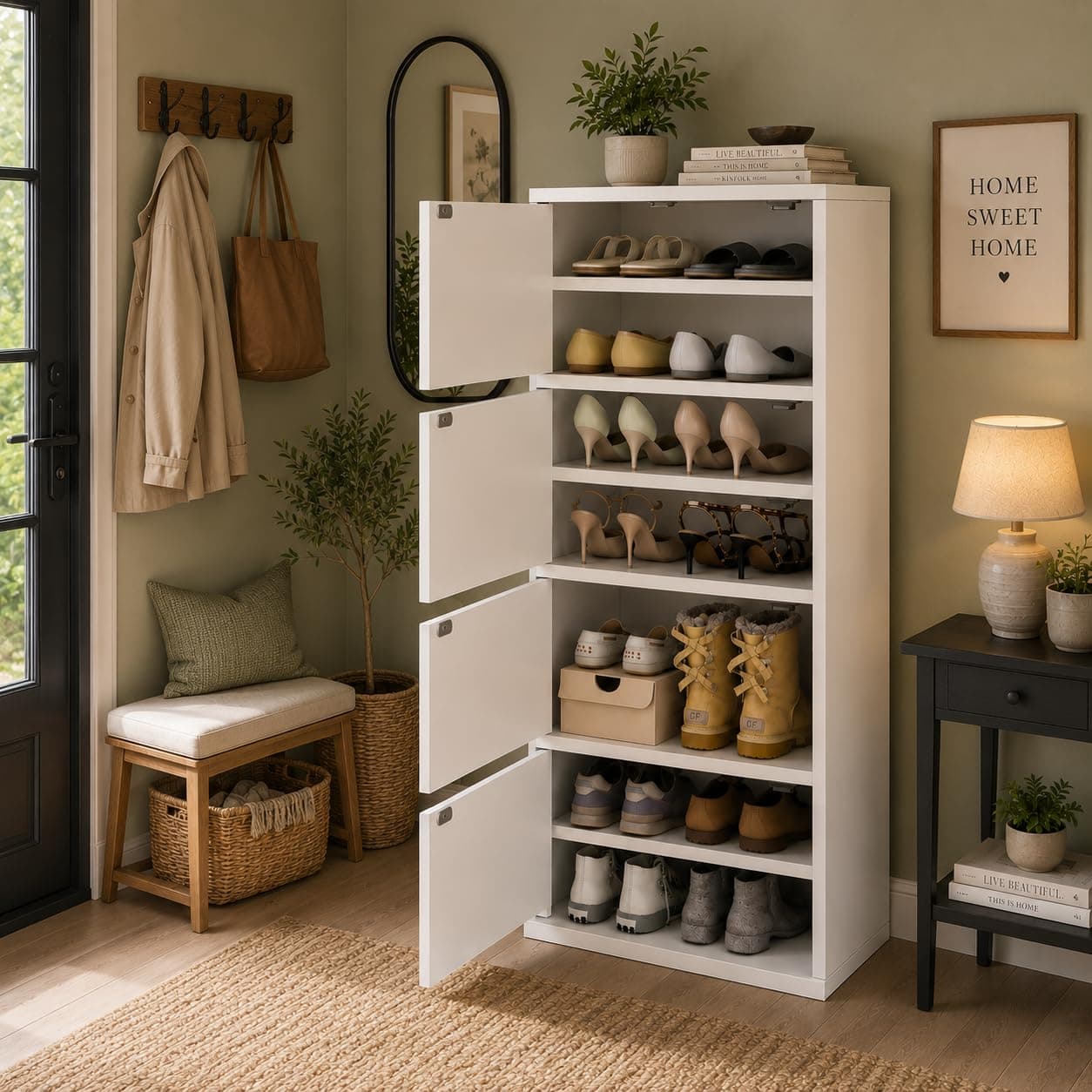 EXVITO Modern Tall Shoe Cabinet, Wooden Flip Door Shoe Storage Cabinet, 4-Door Narrow Entryway Shoe Organizer with Multi-Tier Shelves, Space Saving Shoe Rack for Hallway, Apartment & Home - White