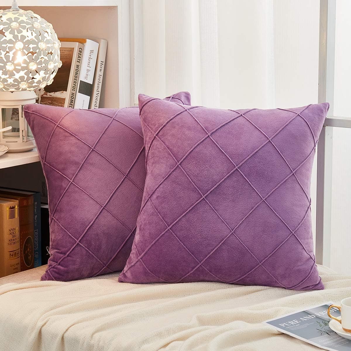 AMICA Luxurious Diamond Pinch Pleated Crystal Velvet Pillowcases Solid Pintuck Throw Cushion Cover for Home Decor Hidden Zipper Closure (Purple, 18 X 18 Inch)