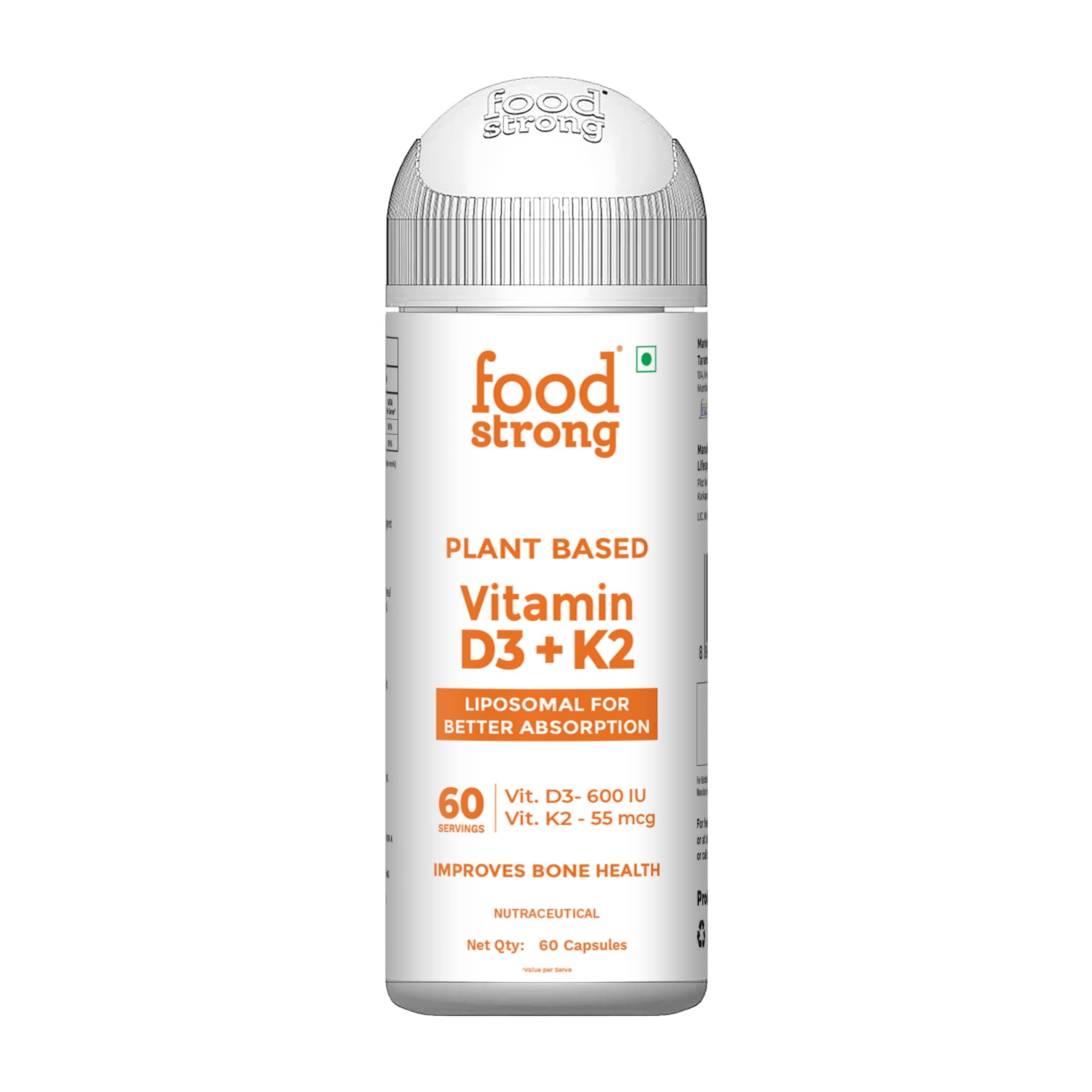 Foodstrong Plant-Based Vitamin D3 + K2 | Liposomal For Better Absorption | 600 IU D3 + 55 MCG K2 | Improves Bone Health | 60 Vegetarian Capsules| 30 Servings