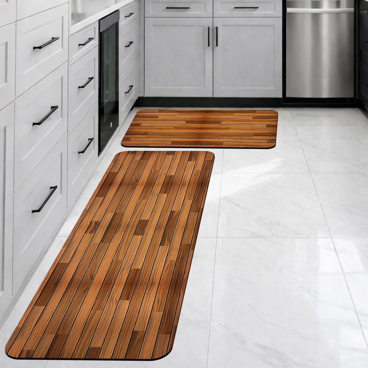 CANWAY Kitchen Mat Wooden Design – Set of 2 (40×60 & 120×40 CM) Water Absorbent, Anti-Slip, Waterproof & Washable Floor Mats for Kitchen, Sink & Cooking Area