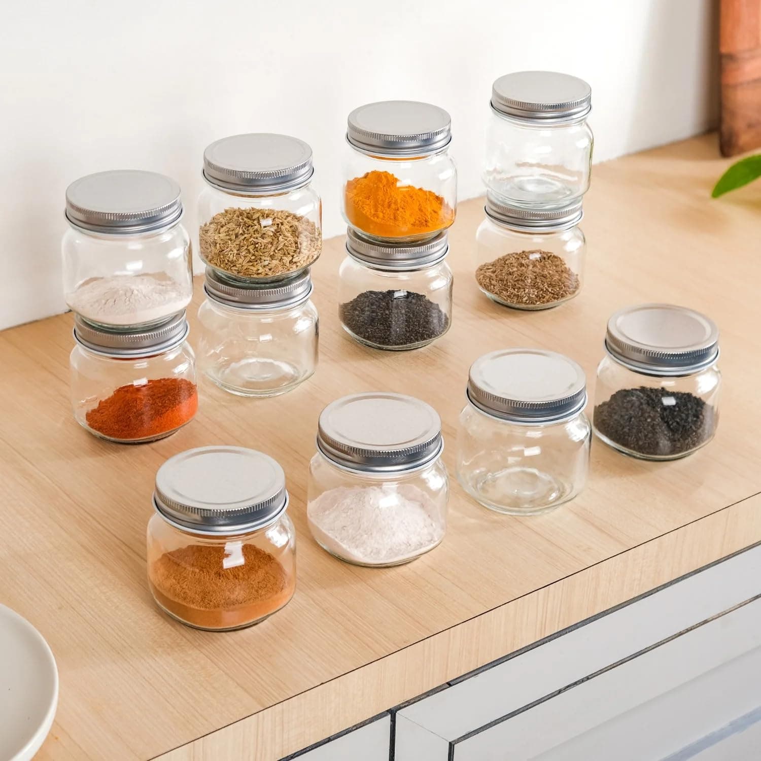 Nestasia Spice Glass Jar with Lid Set of 12-250ml Each, Transparent Seasoning Glass Containers for Kitchen Storage Pantry, Spices, Salt, Herbs, Sugar or Coffee Beans
