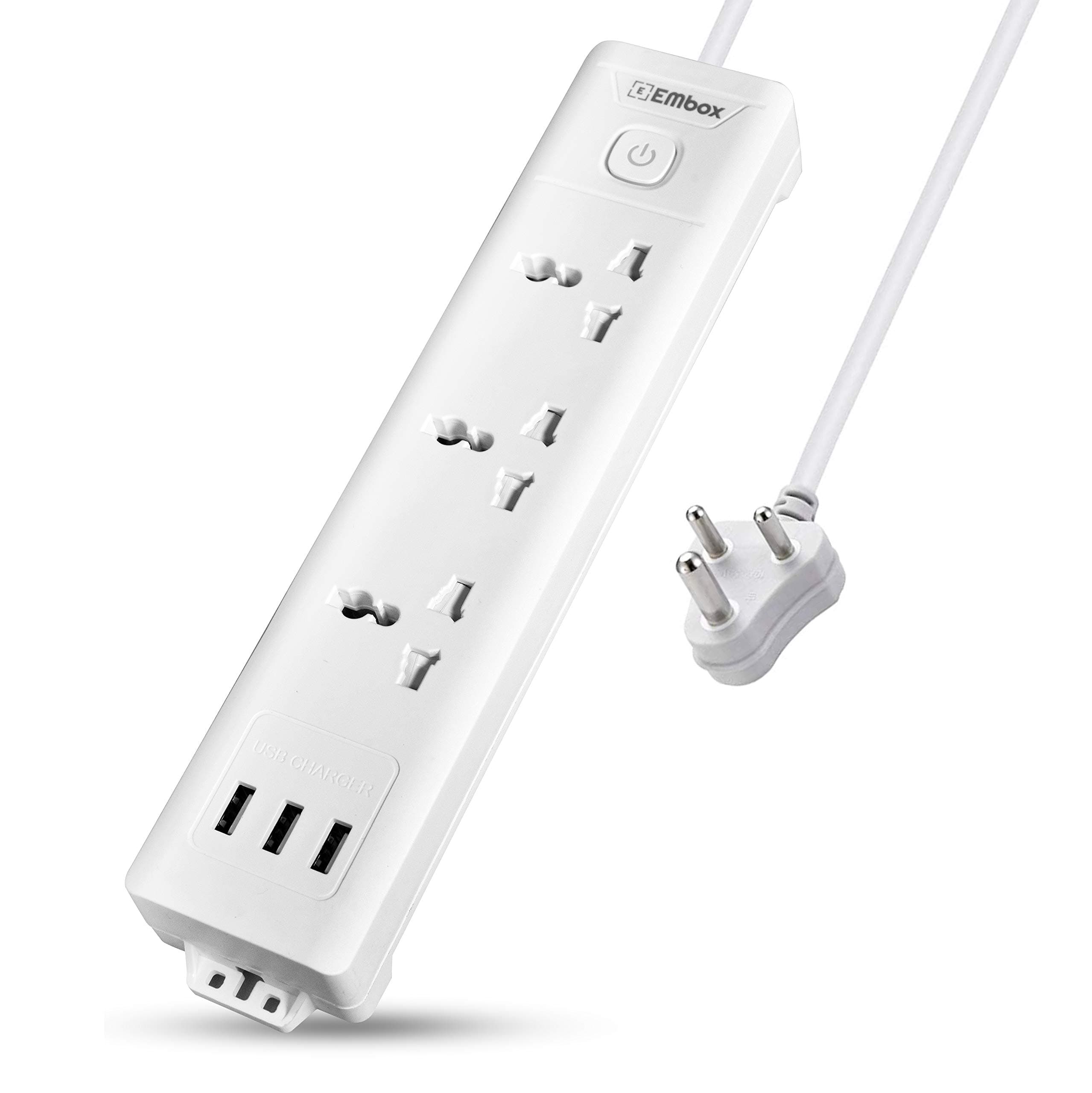 EMBOX Extension Board with USB (2.4 A) 3 USB Ports with Master Switch, Spike Guard, 6 amp Universal Sockets, LED Indicator and Safety Shutter, 2 Meter Extension Cord