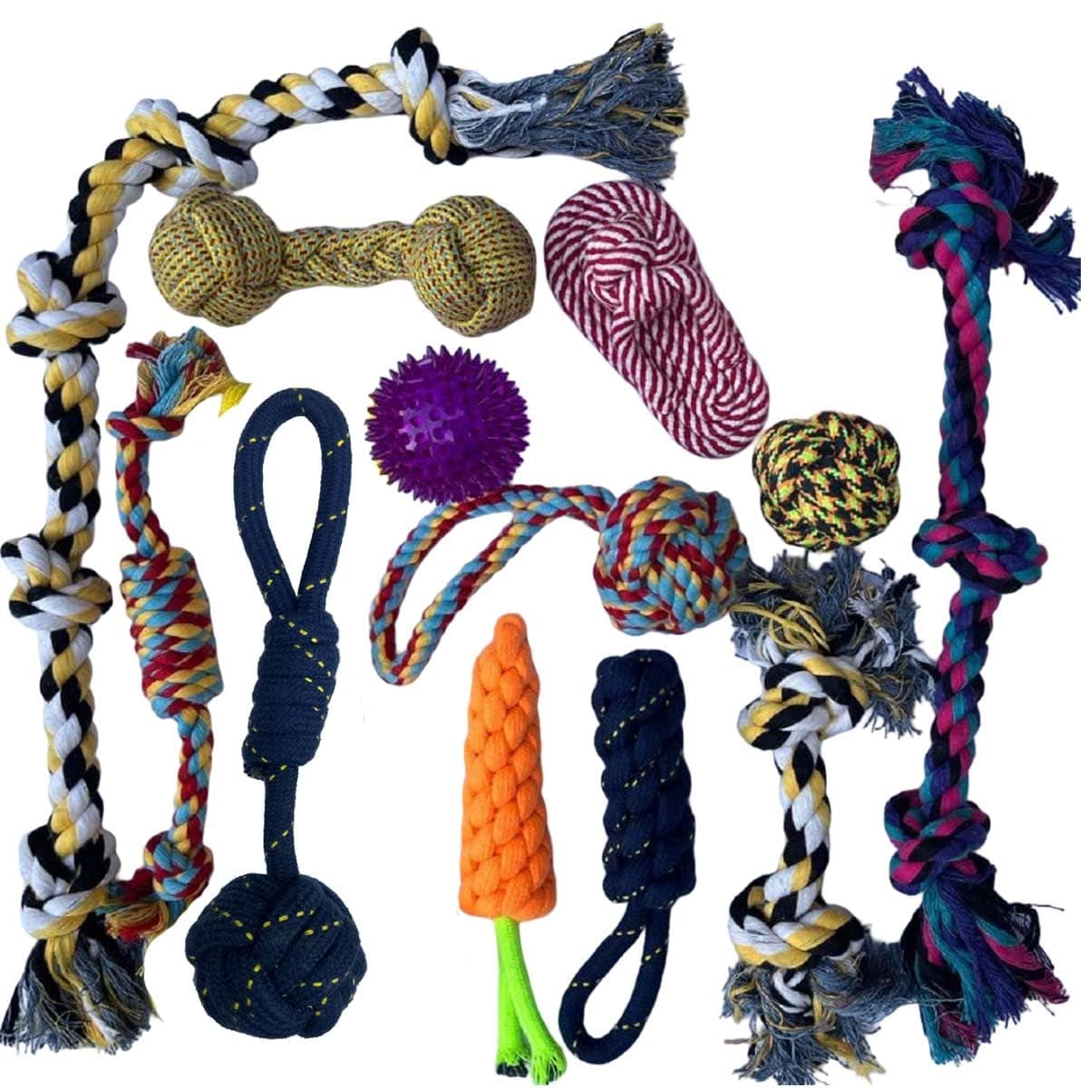 WAGGY TAILS Dog & Puppy Mega Toy Set - Pack of 12, Chew, Rope, Teething, Washable Cotton Tug Toys for Small to Medium Dogs