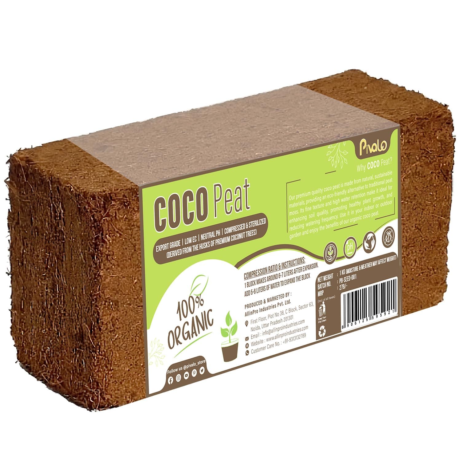 Pivalo Cocopeat Block Organic Fertilizer & Soil Manure Compost Khaad Coco Peat Potting Mixture for Home Gardening and Potted Plants (1 Kg)