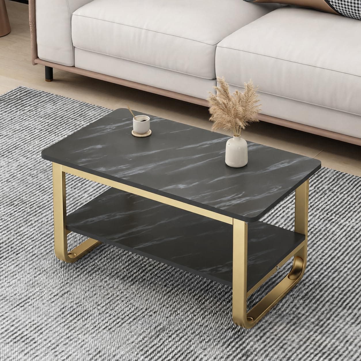 Amazon Brand - Umi Modern Coffee Table with Storage Shelf for Living Room, Center Table Marble Pattern Top, Gold Metal Frame - 80x45x41cm (Black)