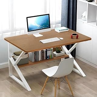 Lukzer Modern Engineered Wood Computer Desk with Built-in Bookshelf, Space-Saving Design, Oak Brown Top & White Frame, Study Table,100x50x78cm (MST-001)