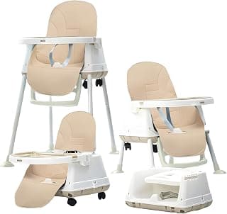 GOLDEN BEE Deluxe 4 in 1 Convertible High Chair for Babies and Toddlers, Feeding Seat with Tray, Wheels, Safety Belt, and Cushion Seat, for Baby Boy & Girl 6 Months to 3 Years (Khakhi)