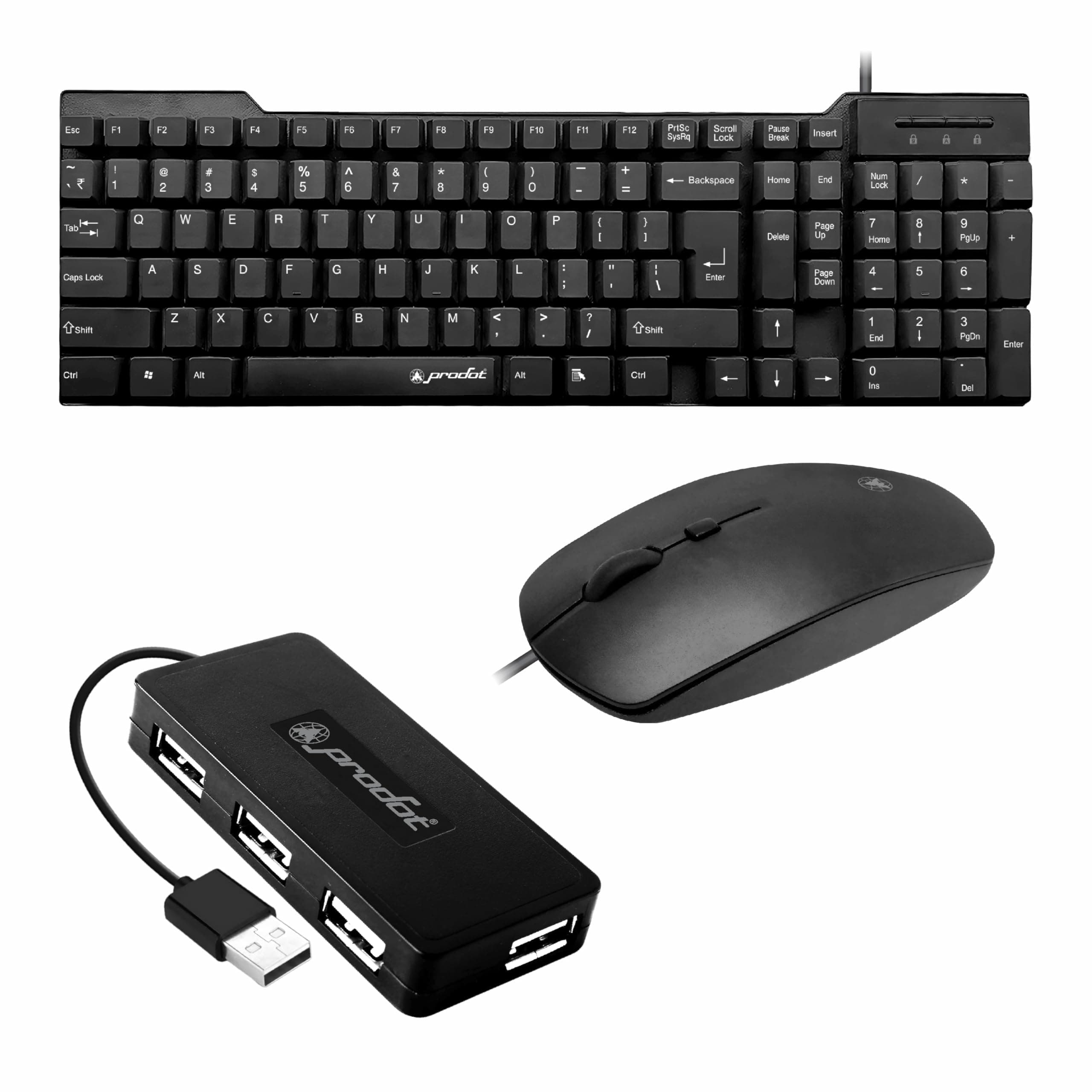 Prodot Set of 3 High-Performance Floated Key Keyboard Mouse Combo with USB HUB for Computer, Laptop, PC