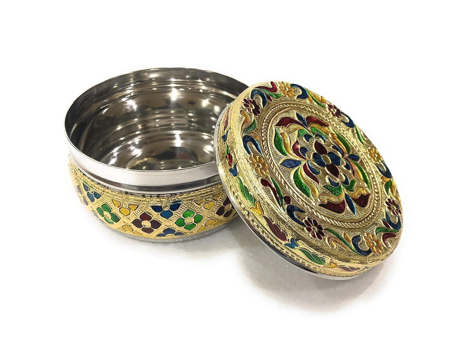 Sgr Handicrafts Stainless Steel Container Box Meenakari Storage Steel Dabba Decorative Metal Container for Serving Dryfruit Chocolate Mukwas Marriage Return Gift - 5 Inches (Floral, 1, count)