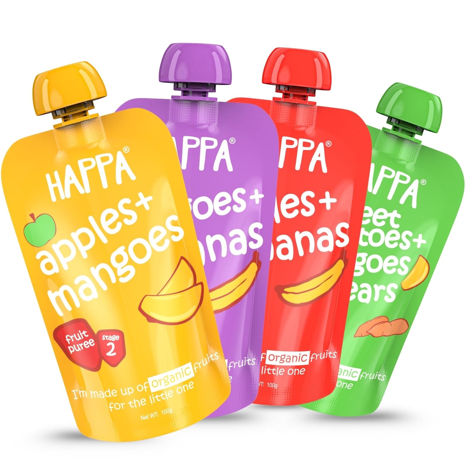 Happa Organic Baby Food Puree Travel Combo | 100% Fruits and Vegetables | No Added Sugar, No Milk Powder, No Preservatives | Stage 2 (6 Months+) | Ready to Eat | Free from Common Allergens | Pack of 4 (100g Each)
