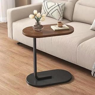 C-Shaped Side Table for Sofa & Bed | Wooden Modern Coffee Table for Living Room & Bedroom | Small C Table Slides Under Couch | Compact End Table for Snacks, Laptop, Decor (Oval)