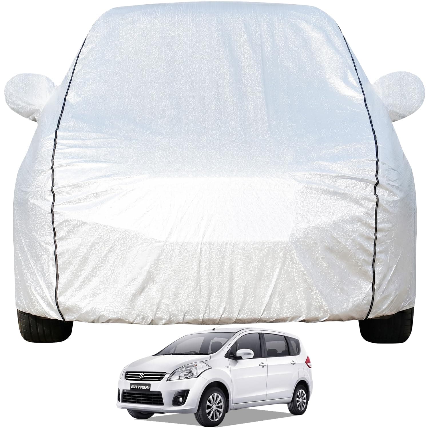 Pivalo Car Cover for Maruti Ertiga All Model & Years (2012-2026) 100% Waterproof with Mirror Pockets, Triple Stitched Bottom Elastic Dustproof Full Body Protection (Heat & UV Resistant, Silver)