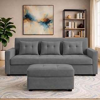 Casaliving Treshta 3 Seater with Ottomon Pull-Out Sofa Cum Bed (Dark Grey Color) Premium Fabric Sofa Set for Living Room | Bedroom