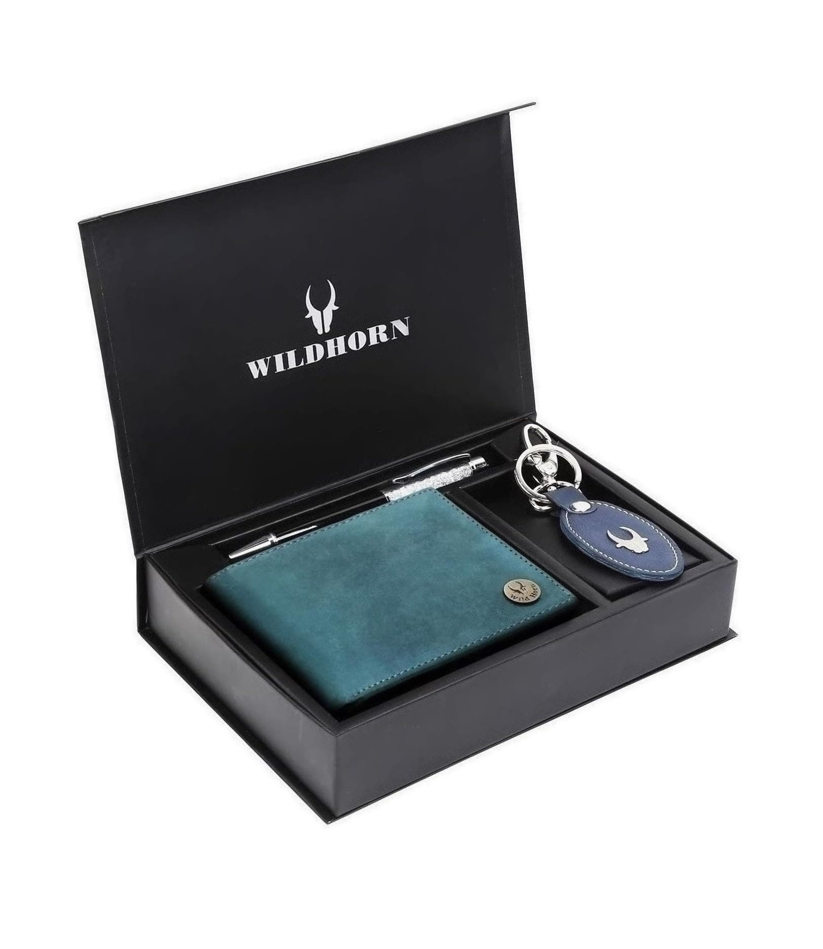 WildHorn Blue Leather Men's Wallet, Keychain and Pen Combo Set (GIFTBOXMIX)