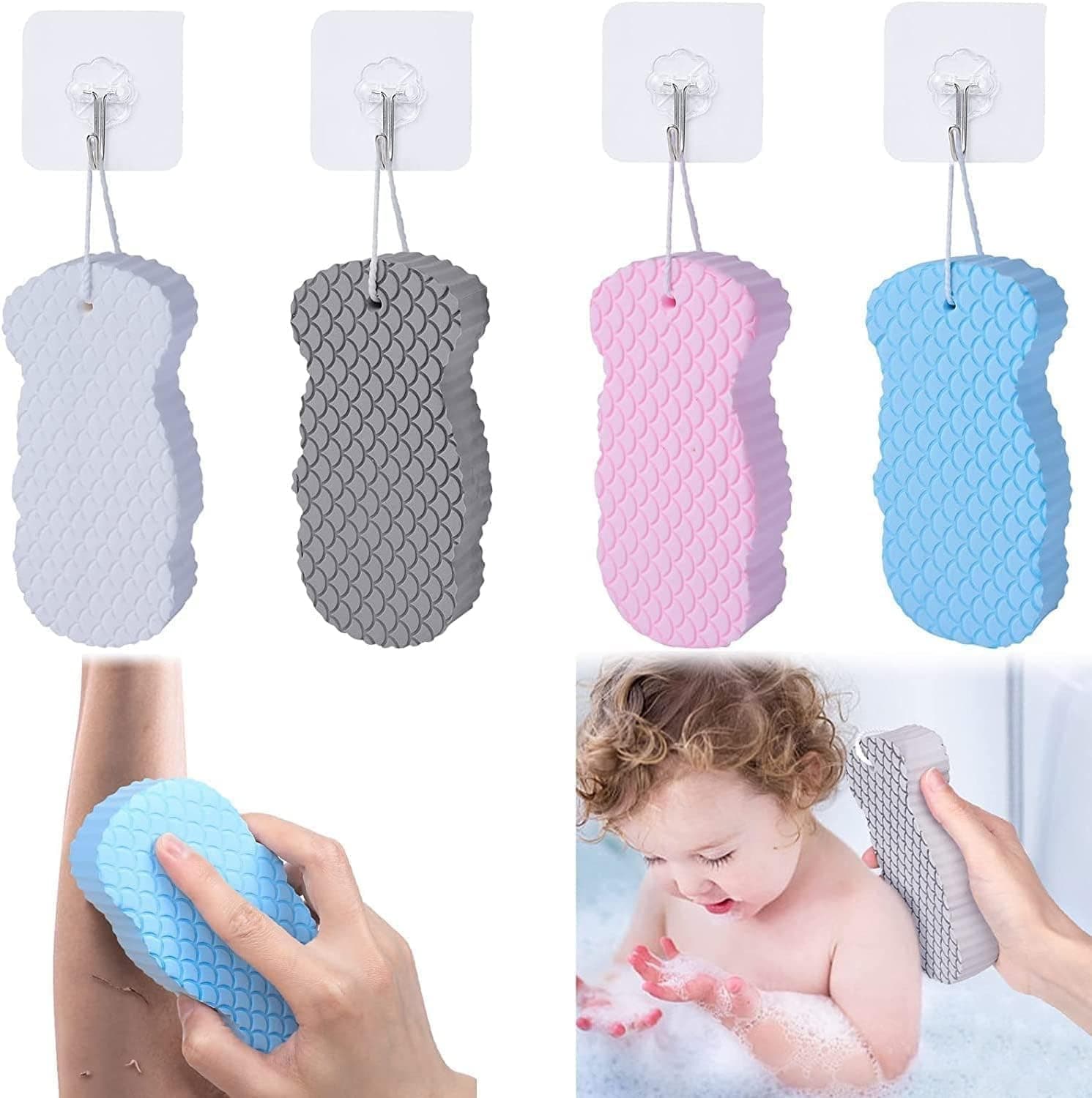 Qseefy Ultra Soft Bath Body Shower Sponge, Magic Bath Sponge Dead Skin Remover, Super Soft Exfoliating Bath Sponge Painless Scrub Sponge for Adults Children and Pregnant Women (Pack of 4)